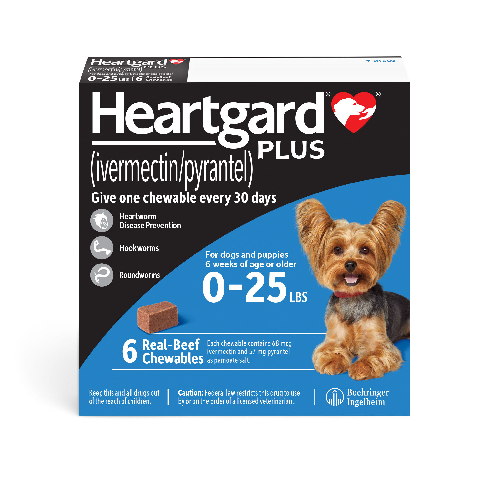 HEARTGARD Plus ivermectin pyrantel Heartworm Disease Preventative Chewables for Dogs up to 25 lbs Blue Box 6pk 1800PetMeds