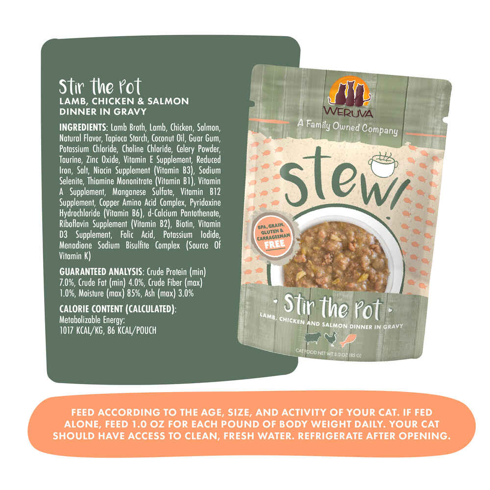 Weruva Classic Cat Stews! Stir the Pot with Lamb Chicken & Salmon in Gravy  For Cats 3oz pouch, Pack of 12