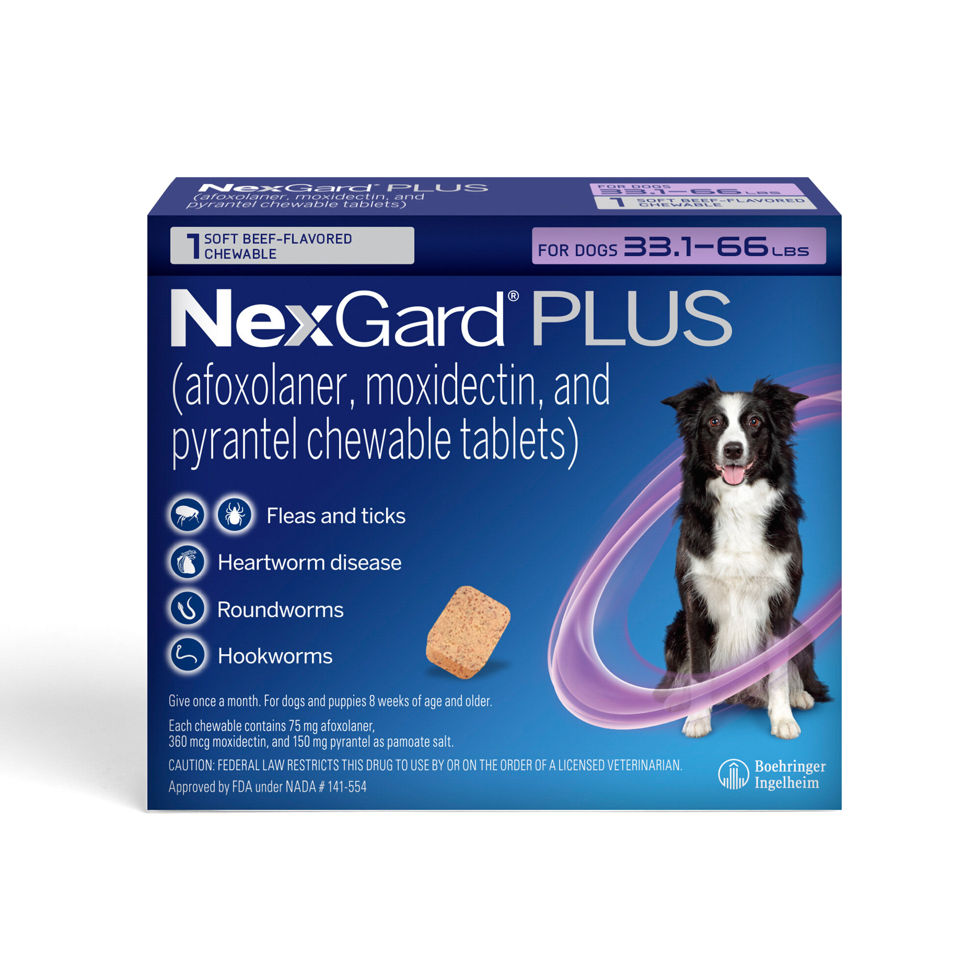 NexGard PLUS CHEWS For Dogs 33.1 to 66 lbs. Purple Box 1 Chew