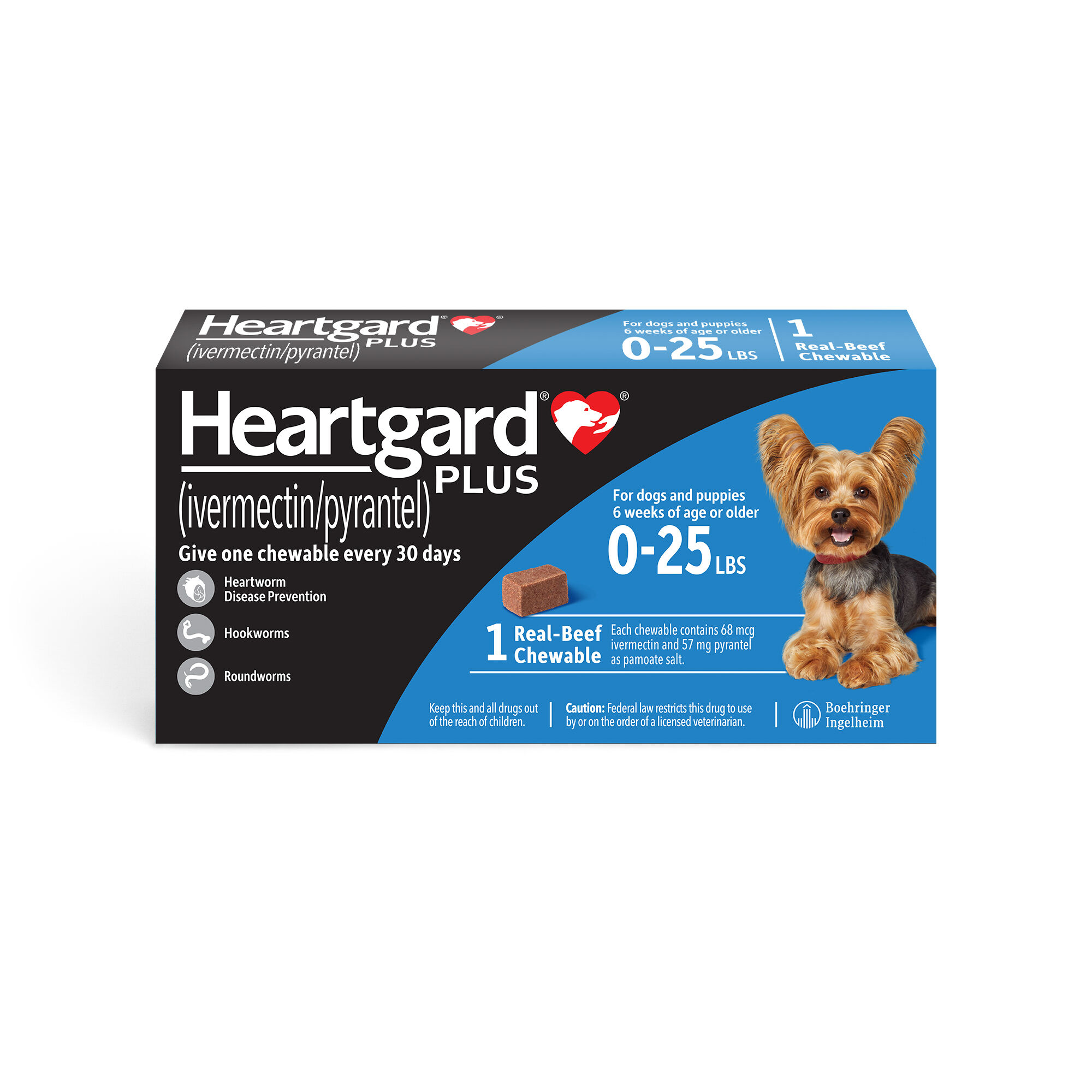 HEARTGARD Plus ivermectin pyrantel Heartworm Disease Preventative Chewables for Dogs up to 25 lbs Blue Box 1pk 1800PetMeds