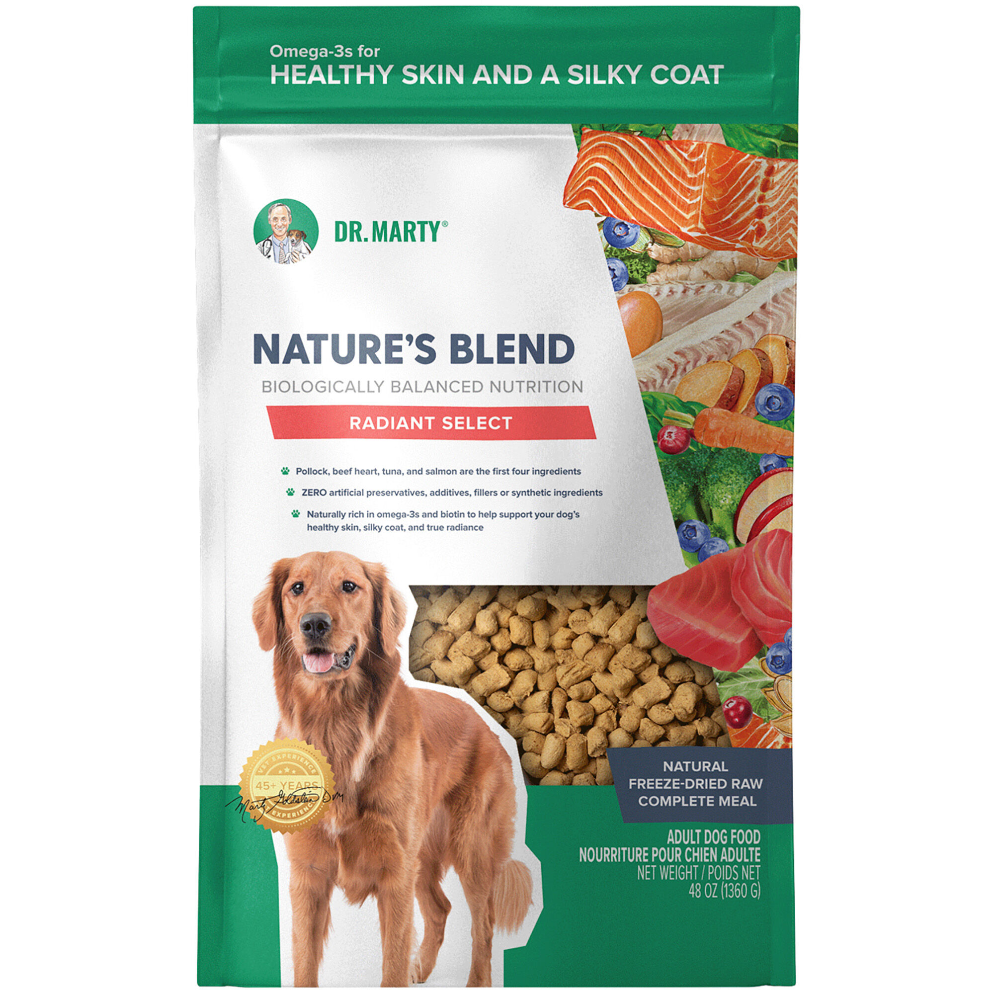 Dr. Marty Nature s Blend Radiant Select Premium Freeze Dried Raw Dog Food for Skin Coat Support 48 oz Bag 1800PetMeds