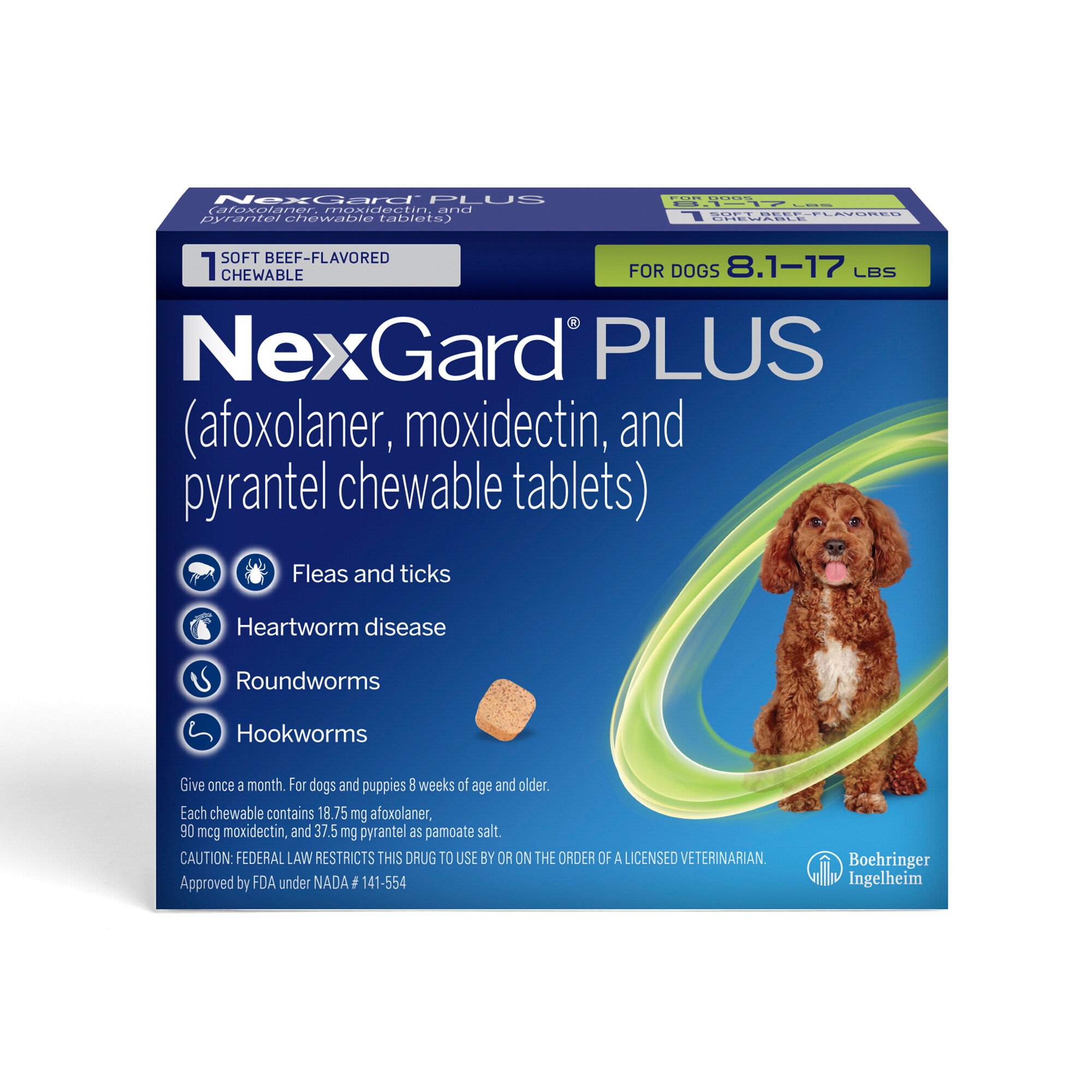 NexGard PLUS CHEWS For Dogs 8.1 to 17 lbs. Green Box 1 Chew 1